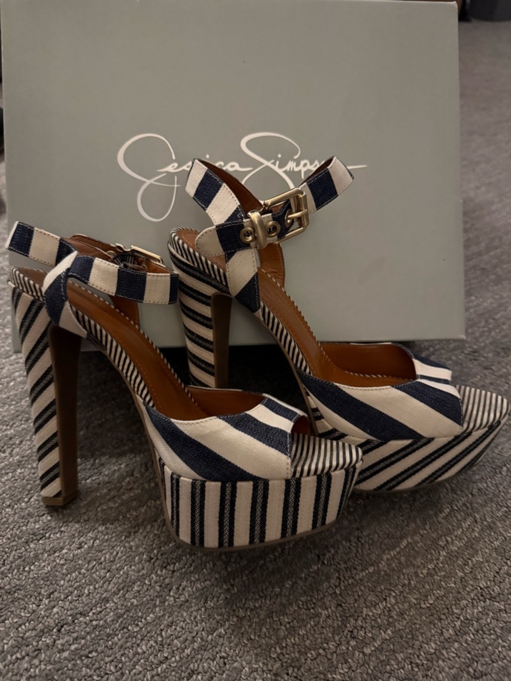 Jessica Simpson Navy and White Striped Platform Heels - Picture 2 of 11